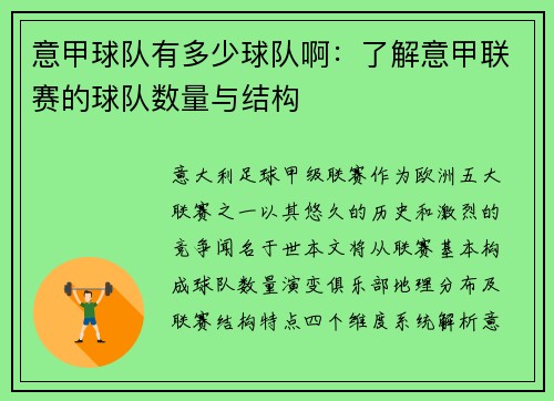 意甲球队有多少球队啊：了解意甲联赛的球队数量与结构