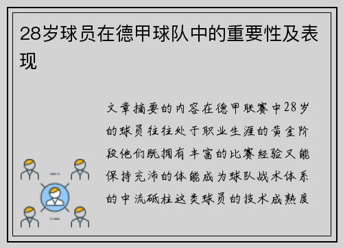 28岁球员在德甲球队中的重要性及表现