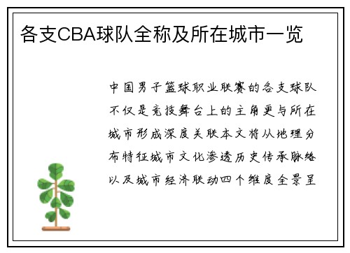 各支CBA球队全称及所在城市一览