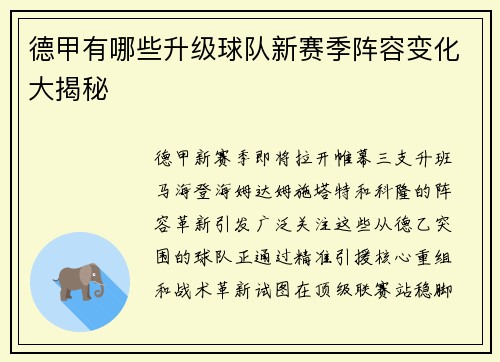 德甲有哪些升级球队新赛季阵容变化大揭秘